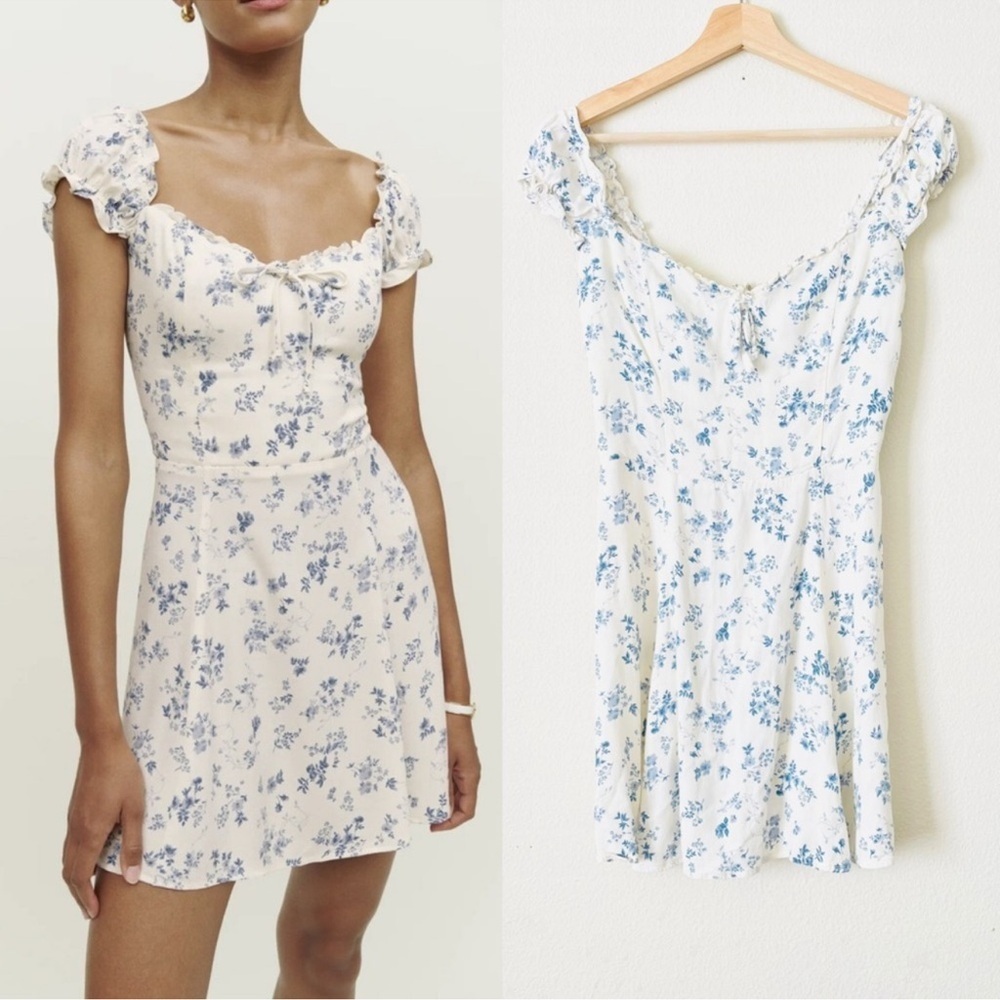 NWT Reformation The Pacey Floral Sweetheart Mini Dress in Lula White Blue Print